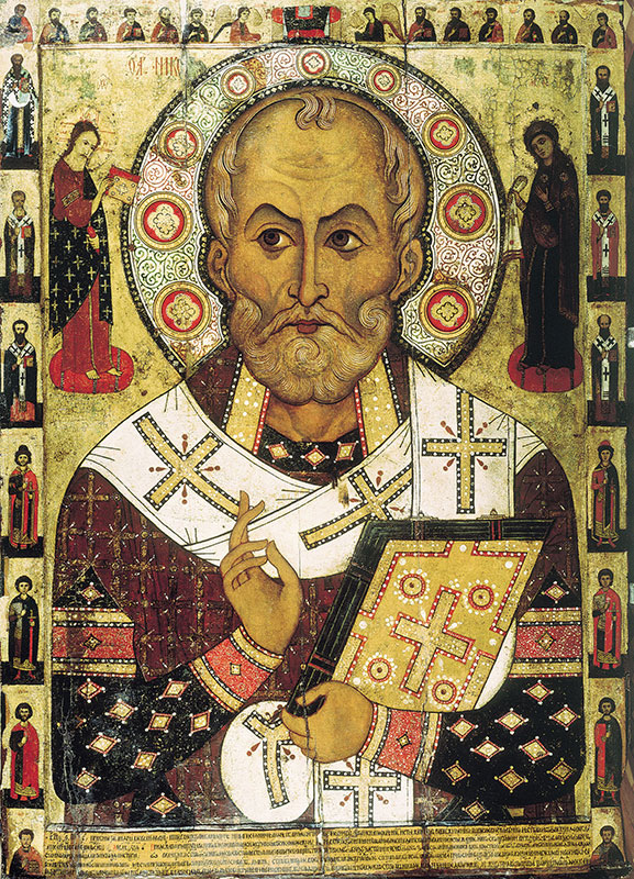 Bischof Nikolaus von Myra (russische Ikone von Alexa Petrow, 1294, Museum Nowgorod)